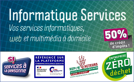 Signature Informatique Services : "Vos services informatiques, web et multimédia à domicile". Fond vert quadrillé. Avec tampon "50% Réduction ou crédit d'impôt" en bas à droite. Logos des labels et agréments dont nous disposons : Services à la personne, Cybermalveillance, Répar'Acteurs, Entreprise Zéro Déchet.